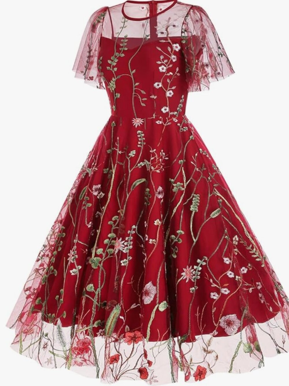 Red embroidered floral dress
